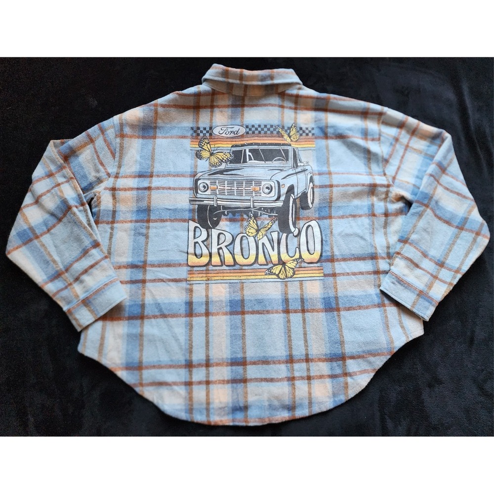 Ford Bronco Flannel Shirt Jacket Blue Brown Plaid Vintage Style Womens 1X